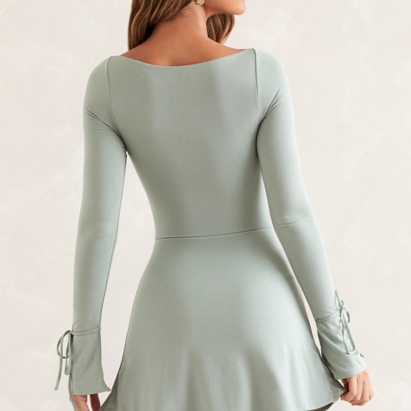 Oh Polly Square Neck Long Sleeve Mini Dress in Sage 10 - Picture 2 of 3